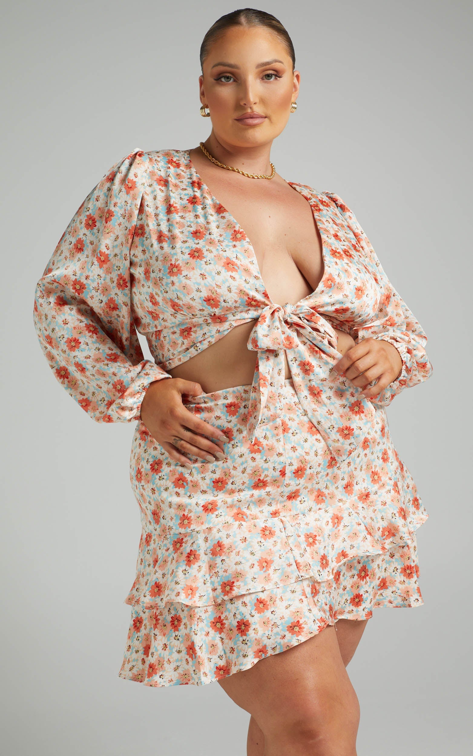 Lhouise Crop Top and Mini Skirt Two Piece Set in Coral