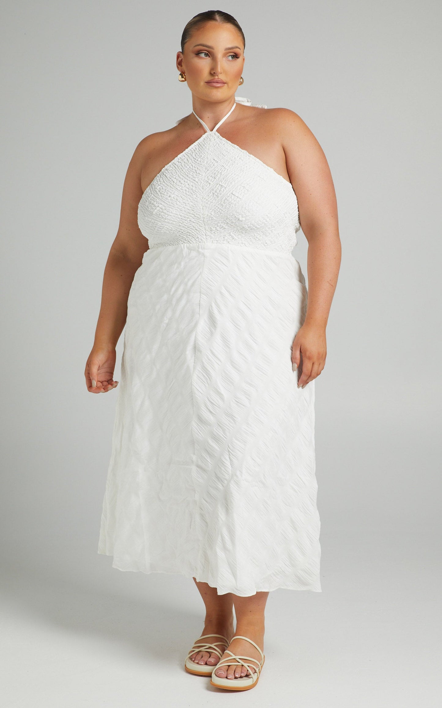 Amor Diamond Halter Shirred Bodice Midi Dress in White