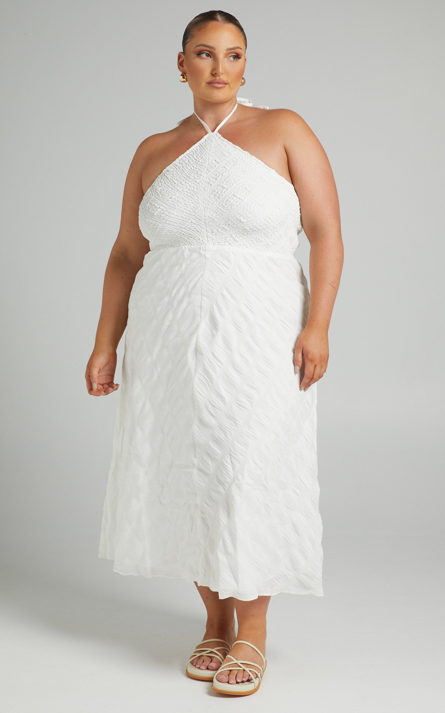 Amor Diamond Halter Shirred Bodice Midi Dress in White