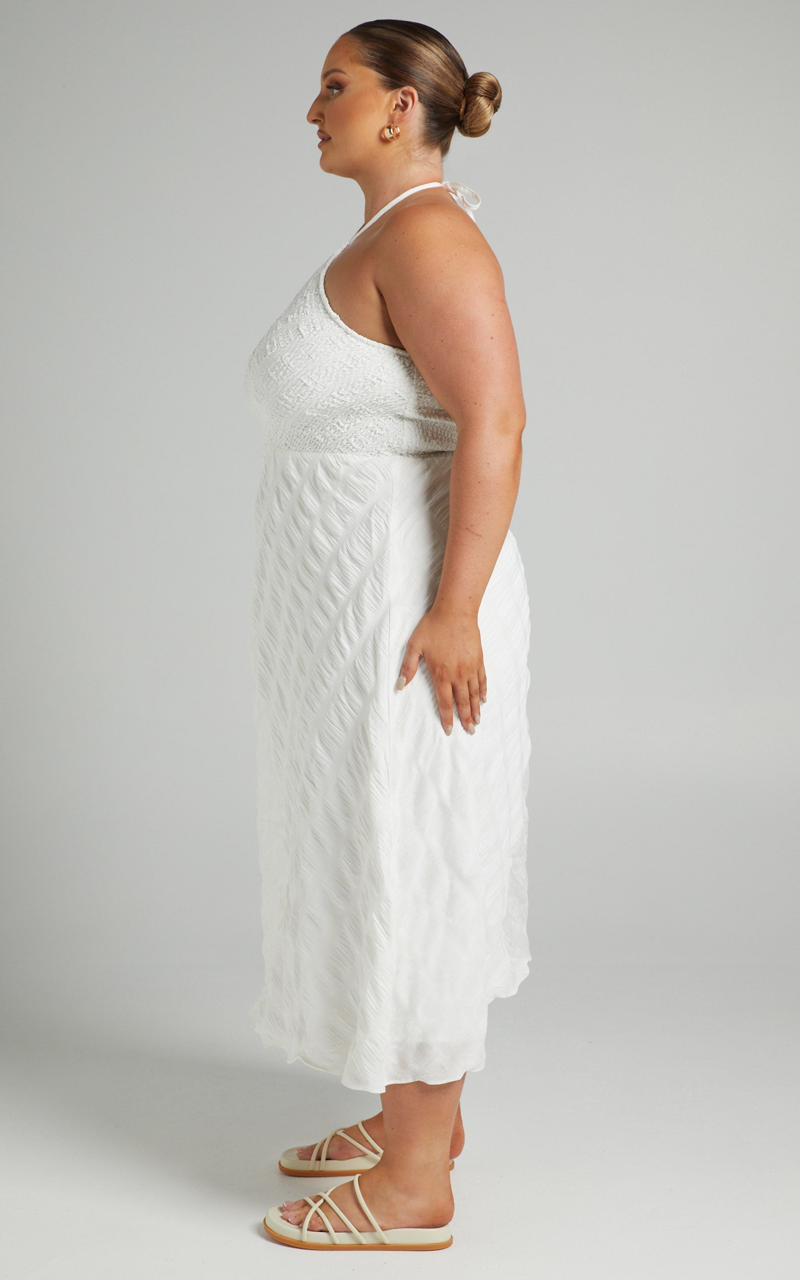 Amor Diamond Halter Shirred Bodice Midi Dress in White