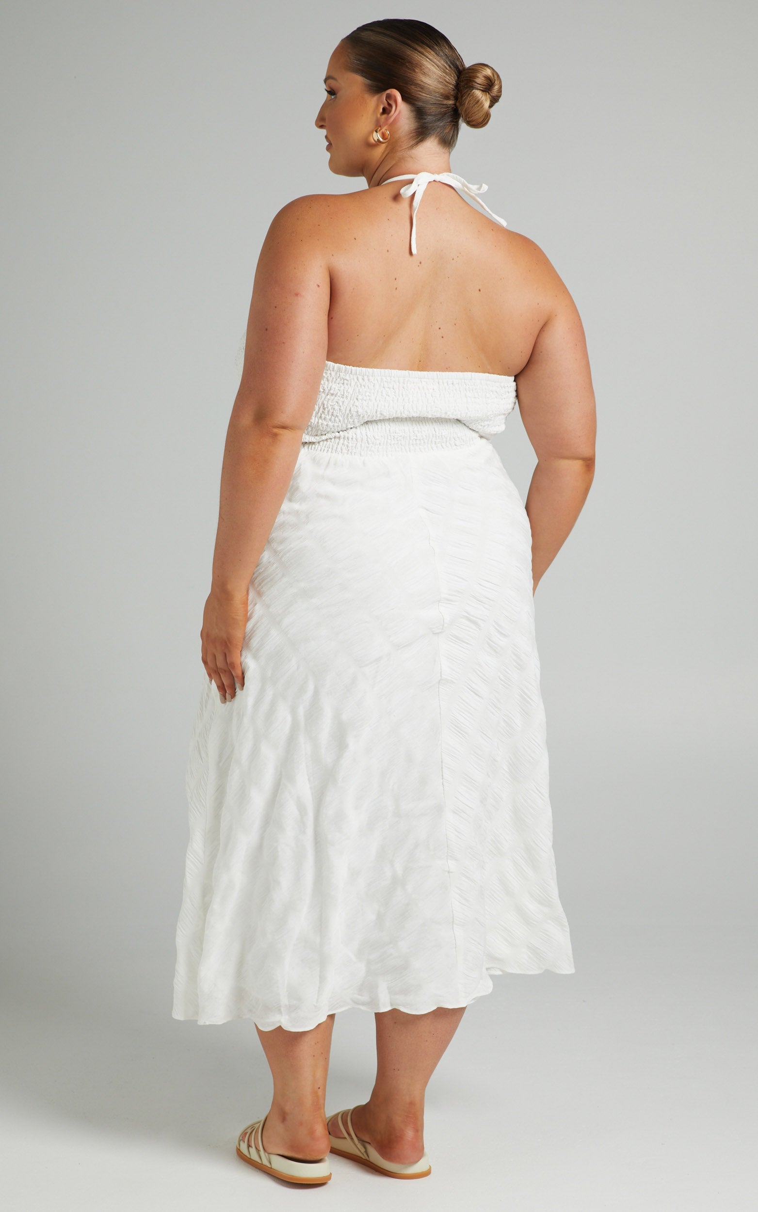 Amor Diamond Halter Shirred Bodice Midi Dress in White