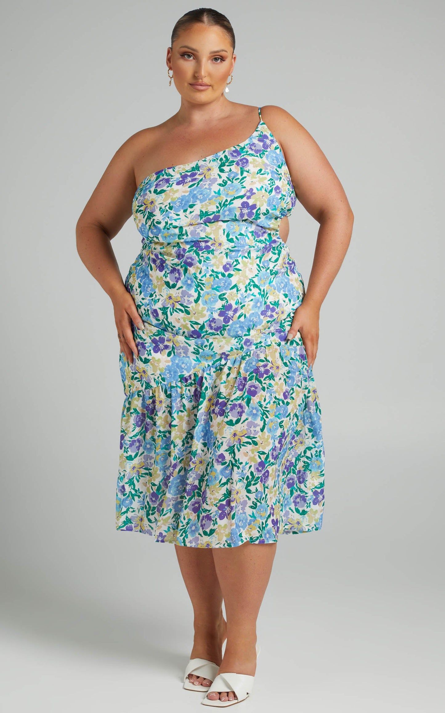 Myeshia Cut Out One Shoulder Midi Dress in Lavender Fields