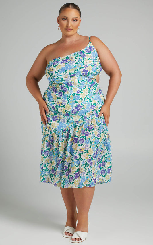 Myeshia Cut Out One Shoulder Midi Dress in Lavender Fields