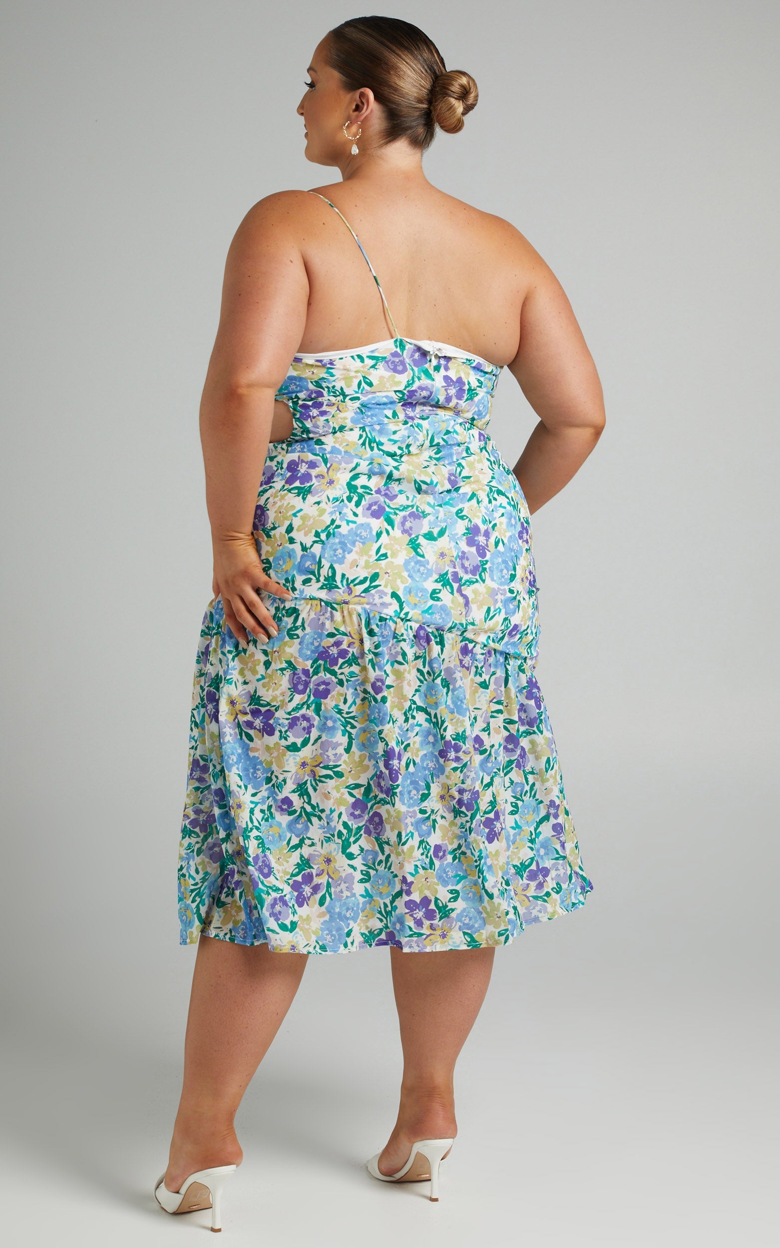 Myeshia Cut Out One Shoulder Midi Dress in Lavender Fields