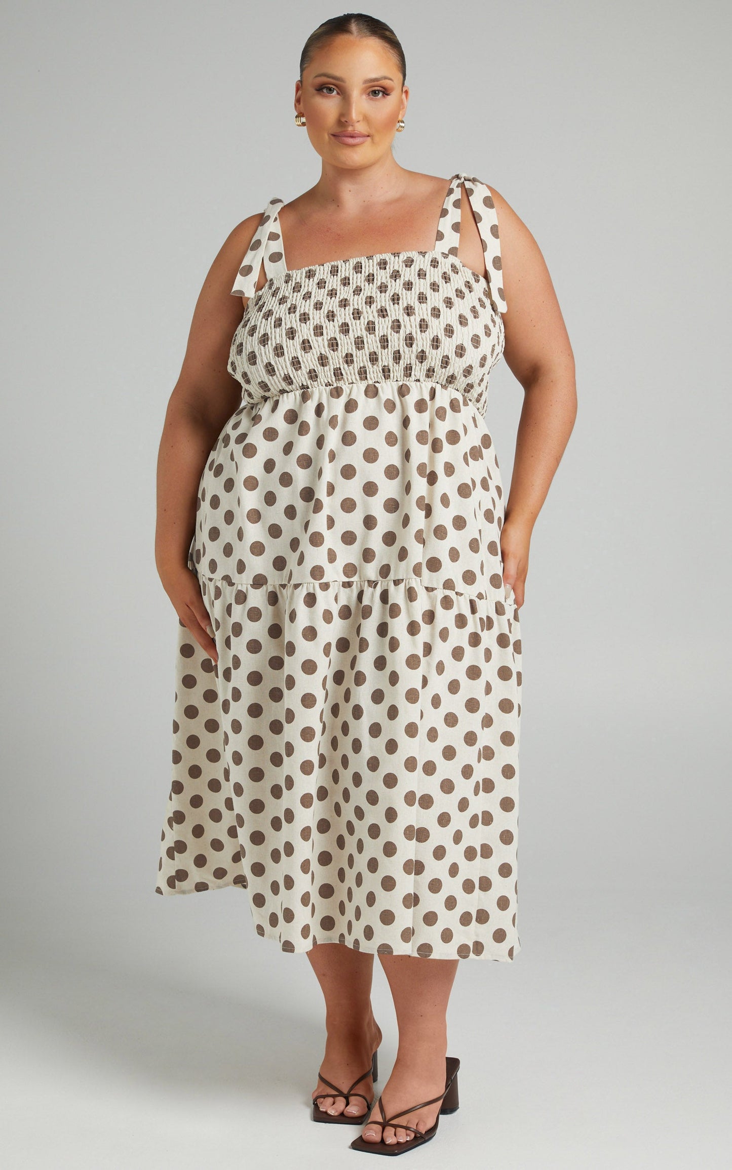 Charine Midi Dress - Linen Shirred Bodice Tiered Dress in Mocha Spot
