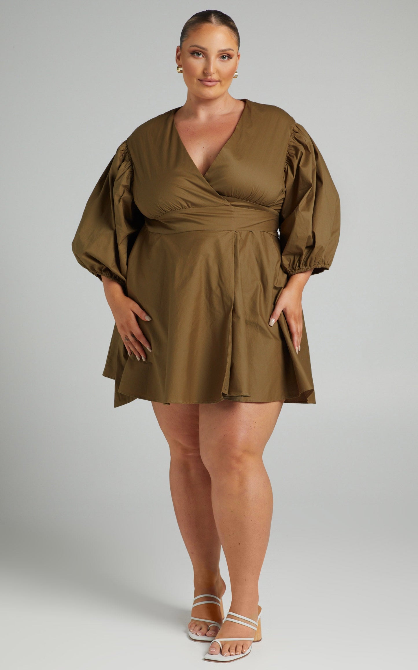 Zyla Mini Dress - Puff Sleeve Wrap Dress in Olive