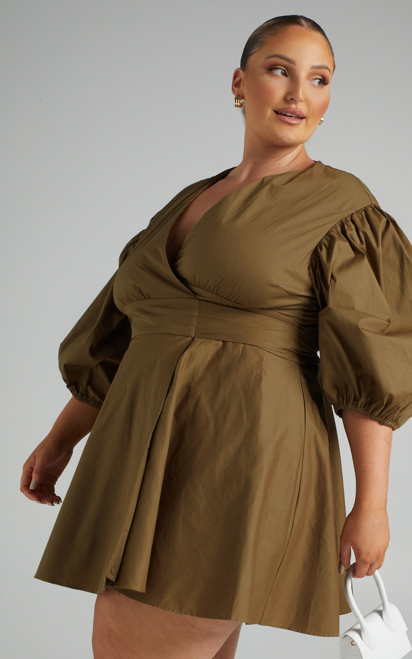 Zyla Mini Dress - Puff Sleeve Wrap Dress in Olive