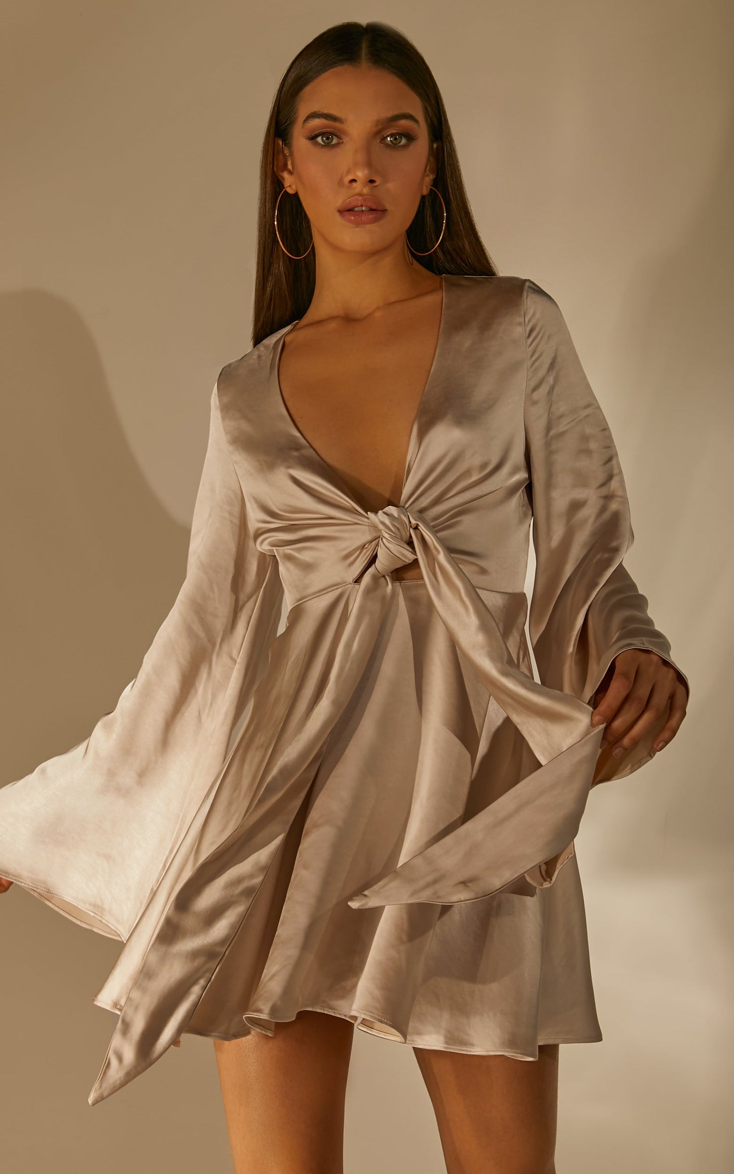 Marneth Mini Dress - Tie Front Long Sleeve Satin Dress in Champagne