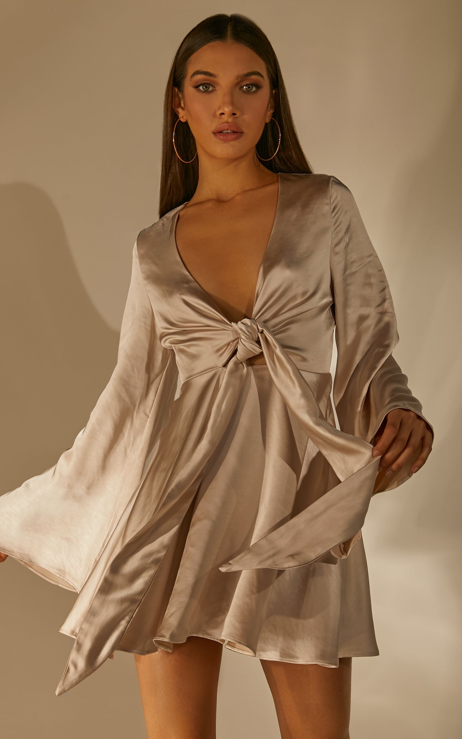 Marneth Mini Dress - Tie Front Long Sleeve Satin Dress in Champagne