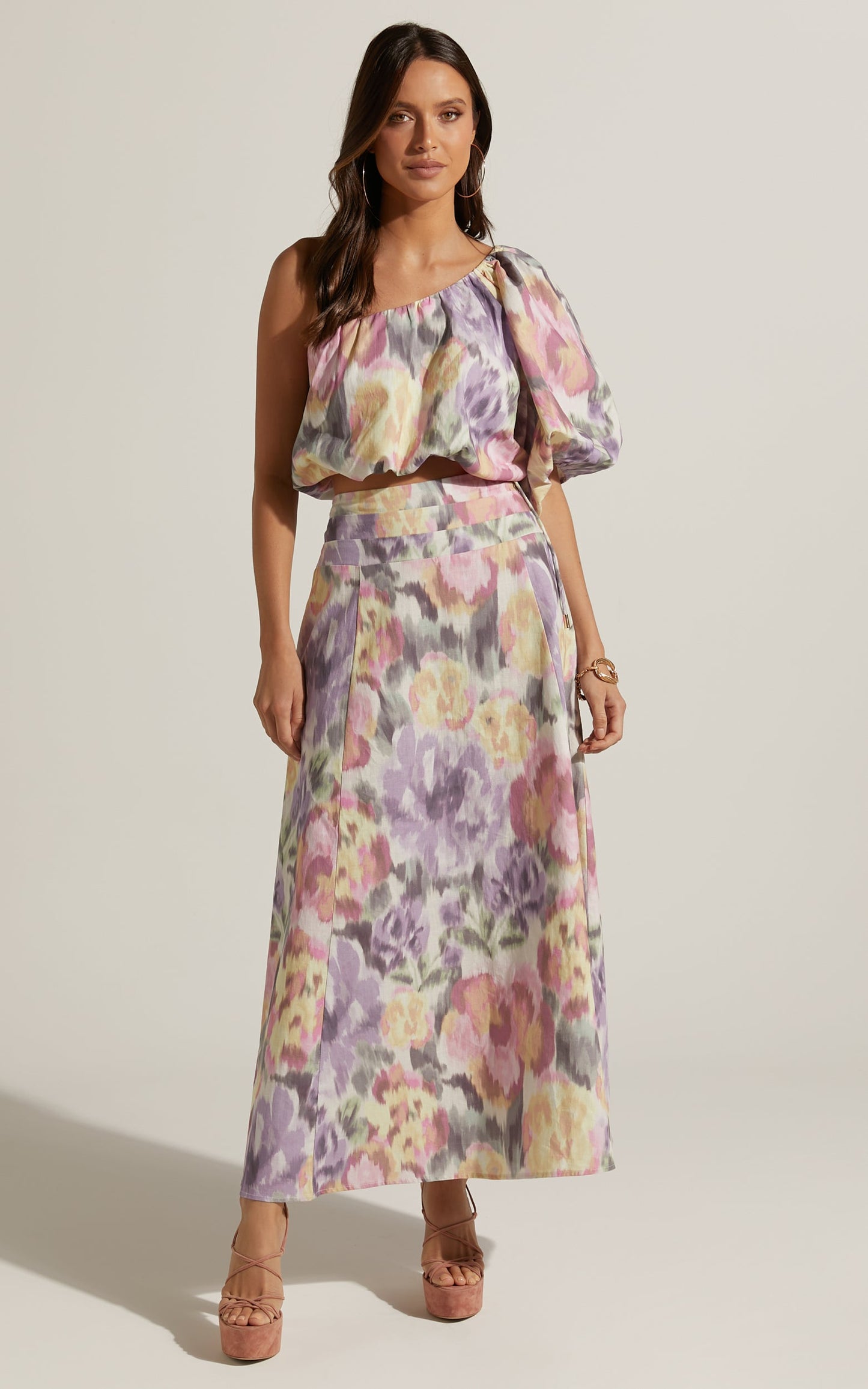 Amalie The Label - Aurelie Linen Look Blend One Shoulder Top and Midi Skirt Two Piece Set in Montreuil Print