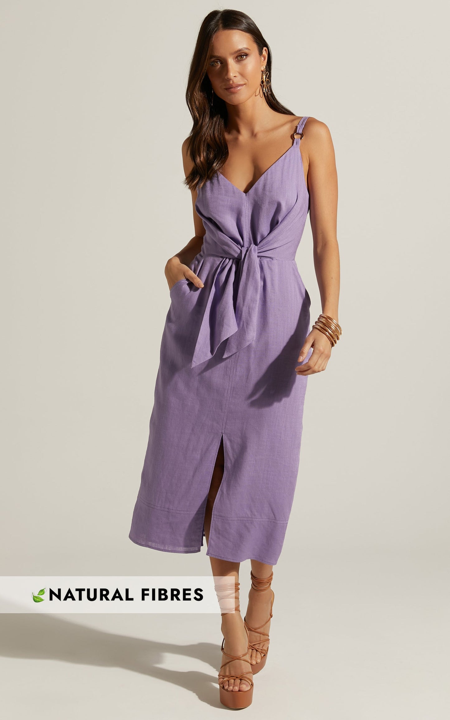 Amalie The Label - Camille Linen Blend V Neck Tie Waist Midi Dress in Mauve