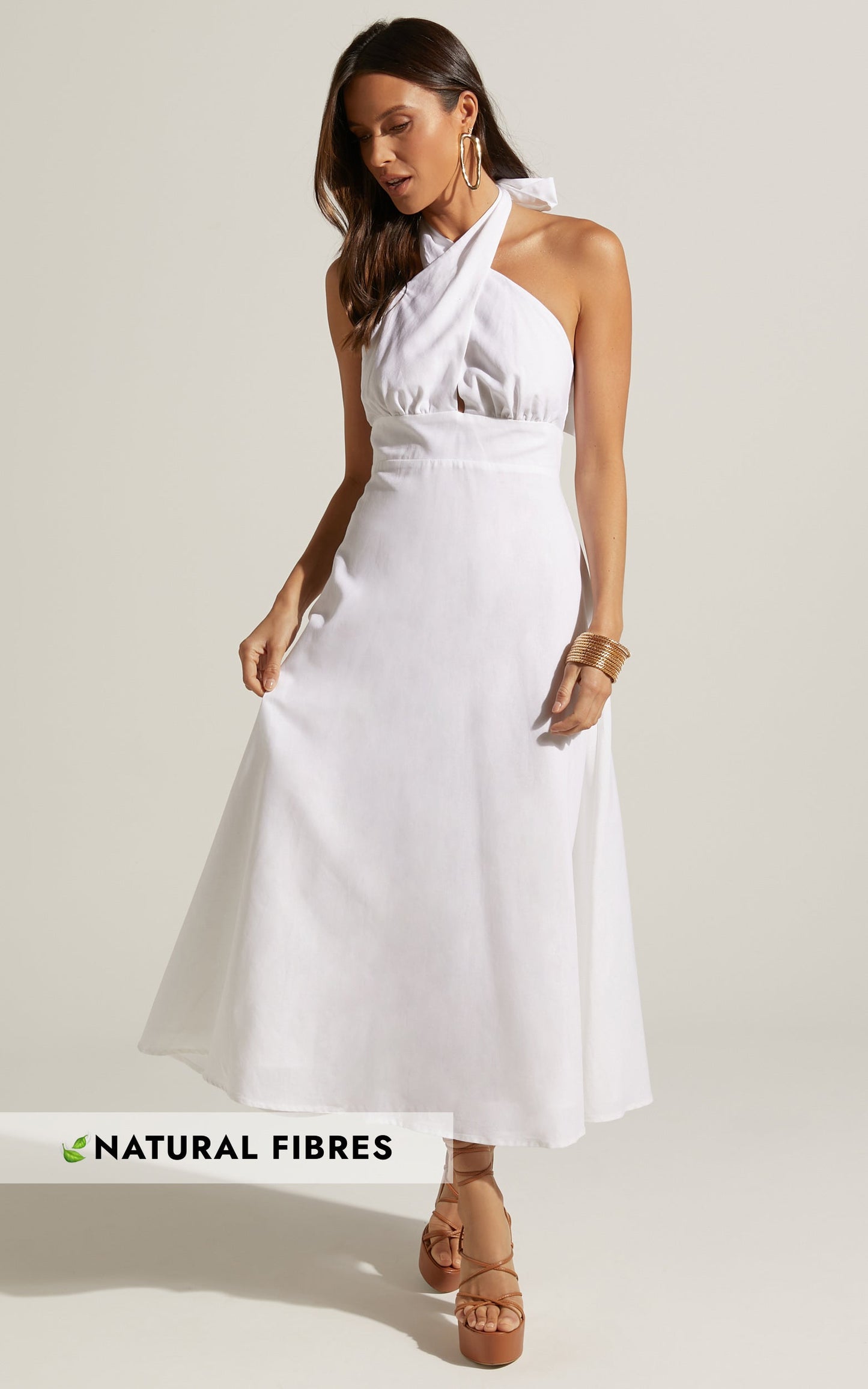 Amalie The Label - Freesia Linen Blend Halter Tie Neck Midi Dress in White