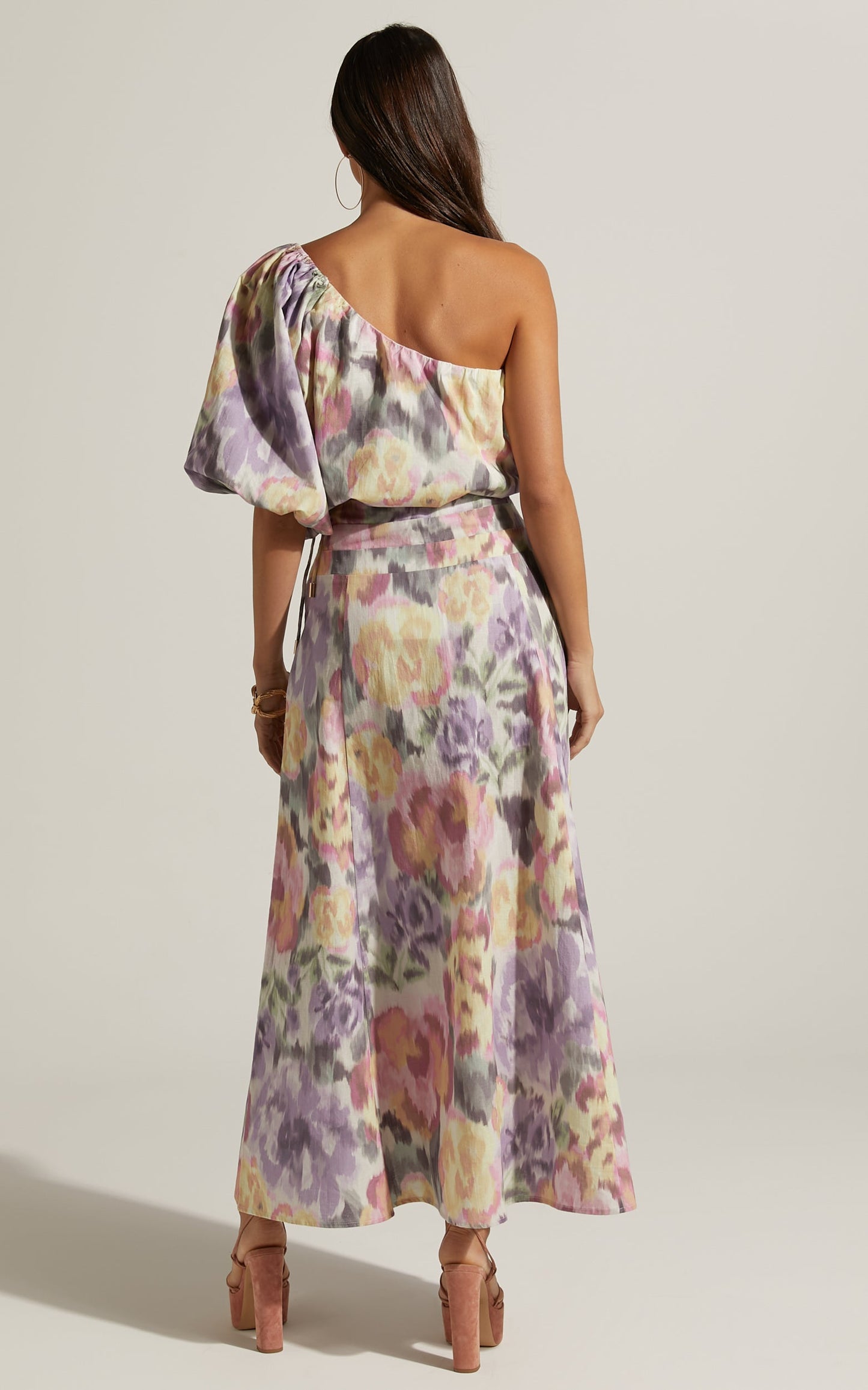 Amalie The Label - Aurelie Linen Look Blend One Shoulder Top and Midi Skirt Two Piece Set in Montreuil Print