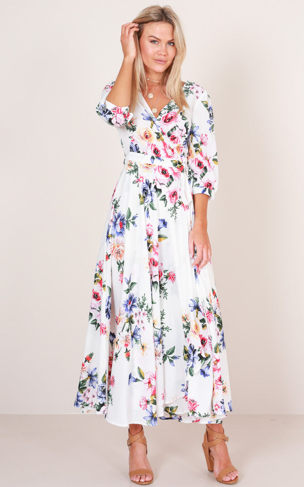 Retro Romance Maxi Dress In White Floral