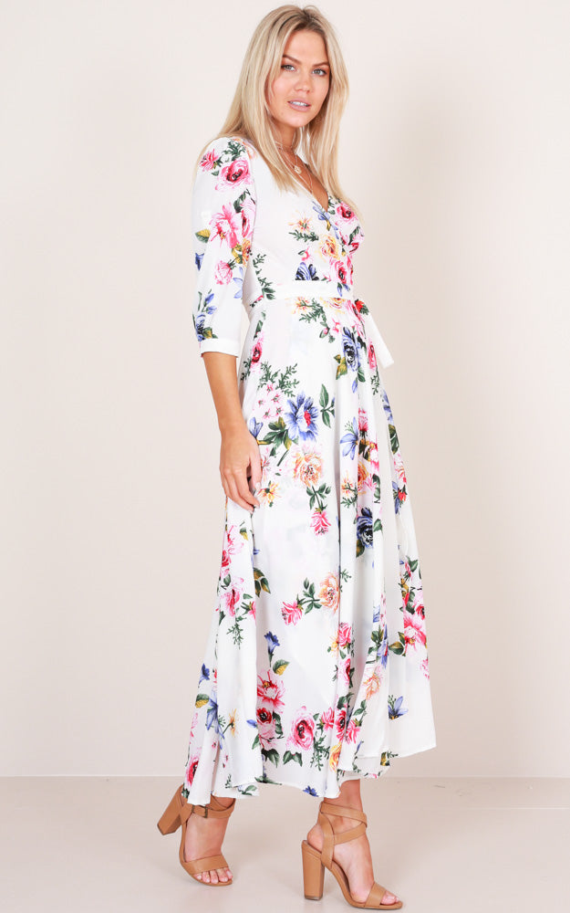 Retro Romance Maxi Dress In White Floral