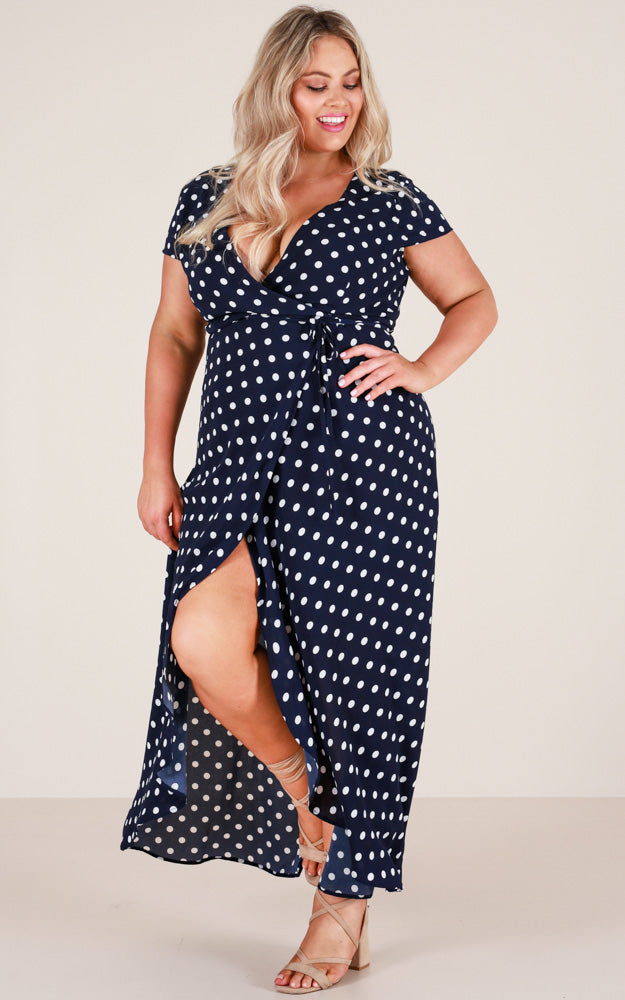 Wrap And Cross Maxi Dress In Navy Spot