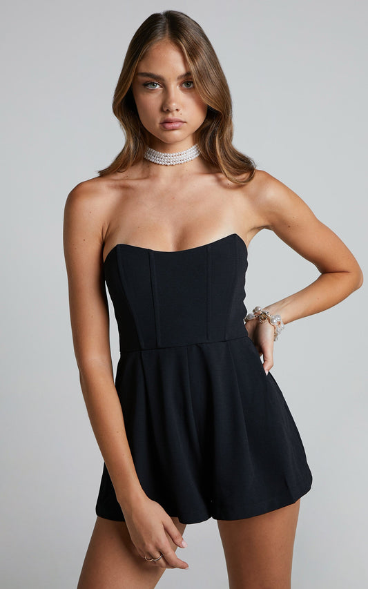 Bonne Playsuit - Strapless Corset Bustier Mini Playsuit in Black