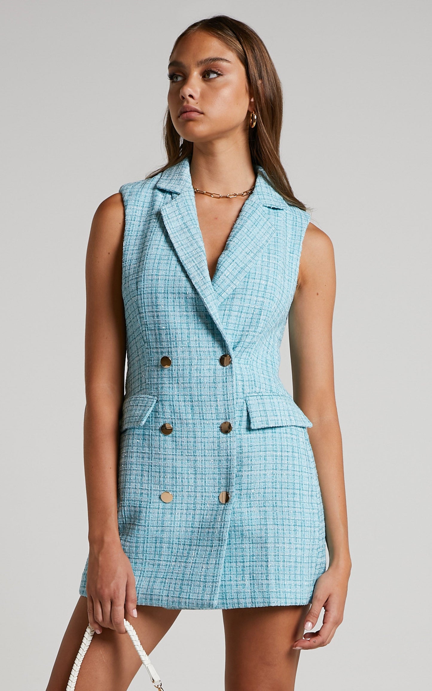 Sheba Blazer Dress - Tweed Sleeveless Mini Blazer Dress in Blue