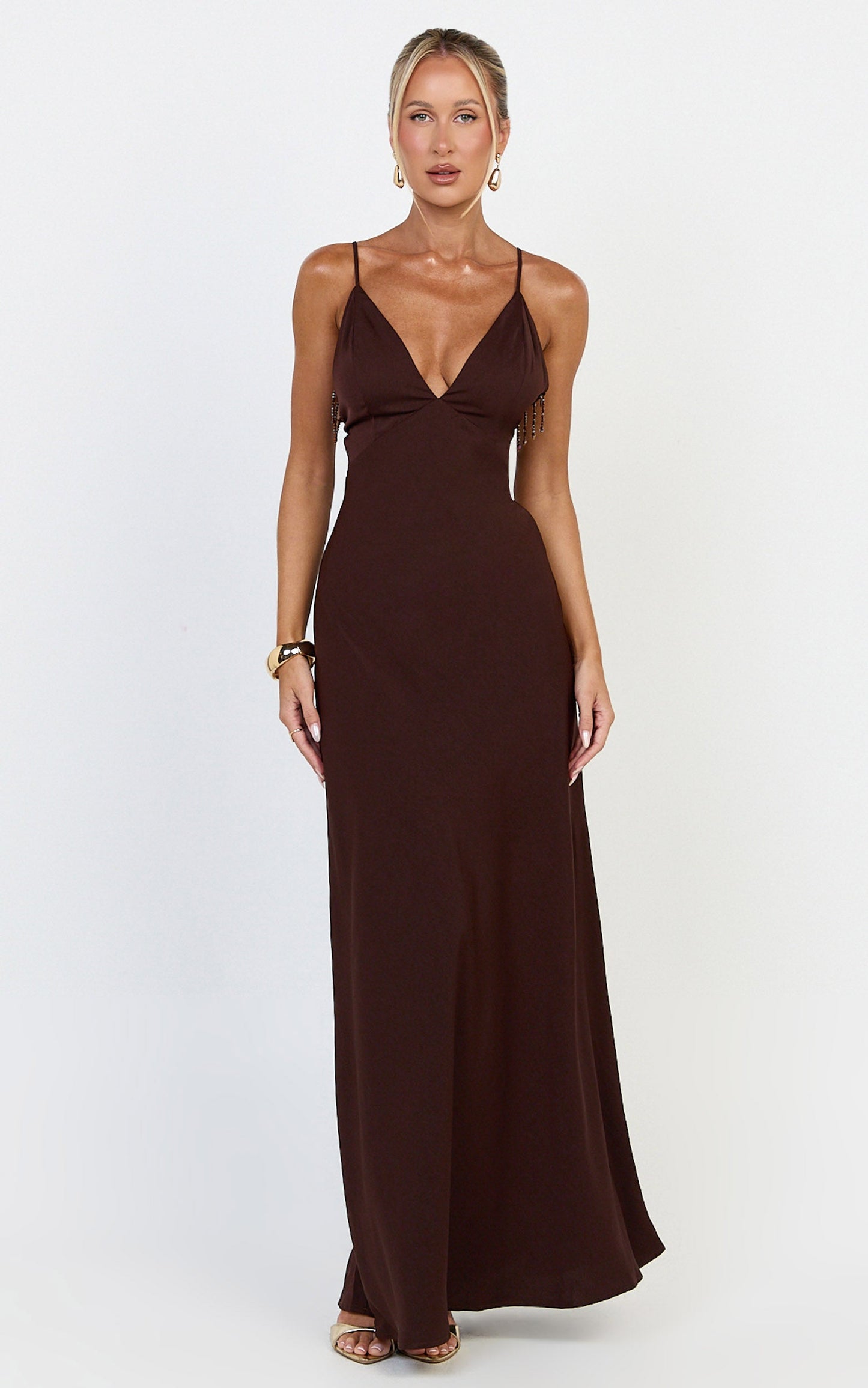 Azura Maxi Dress - Backless Beaded Trim Dress in Chocolate