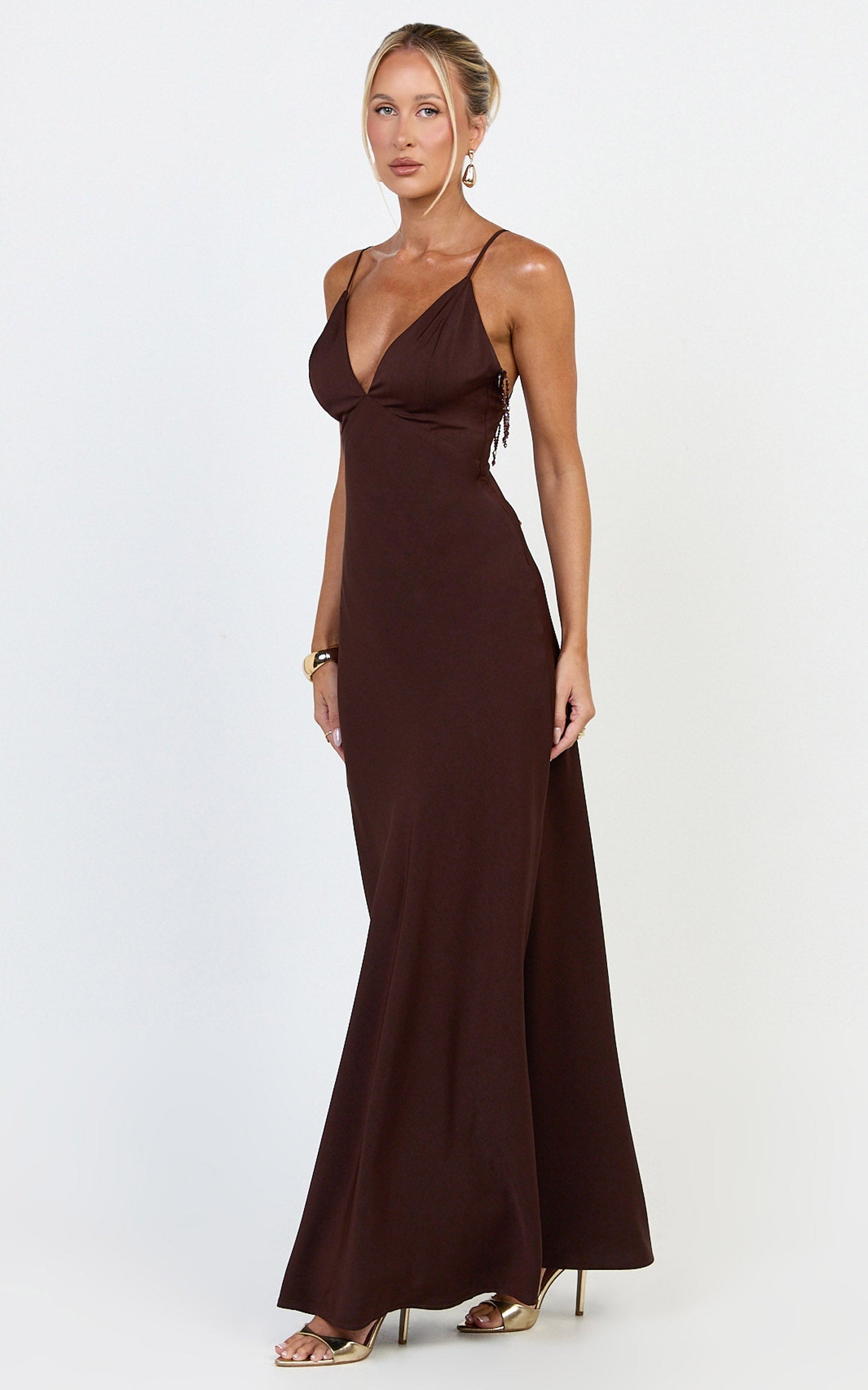 Azura Maxi Dress - Backless Beaded Trim Dress in Chocolate
