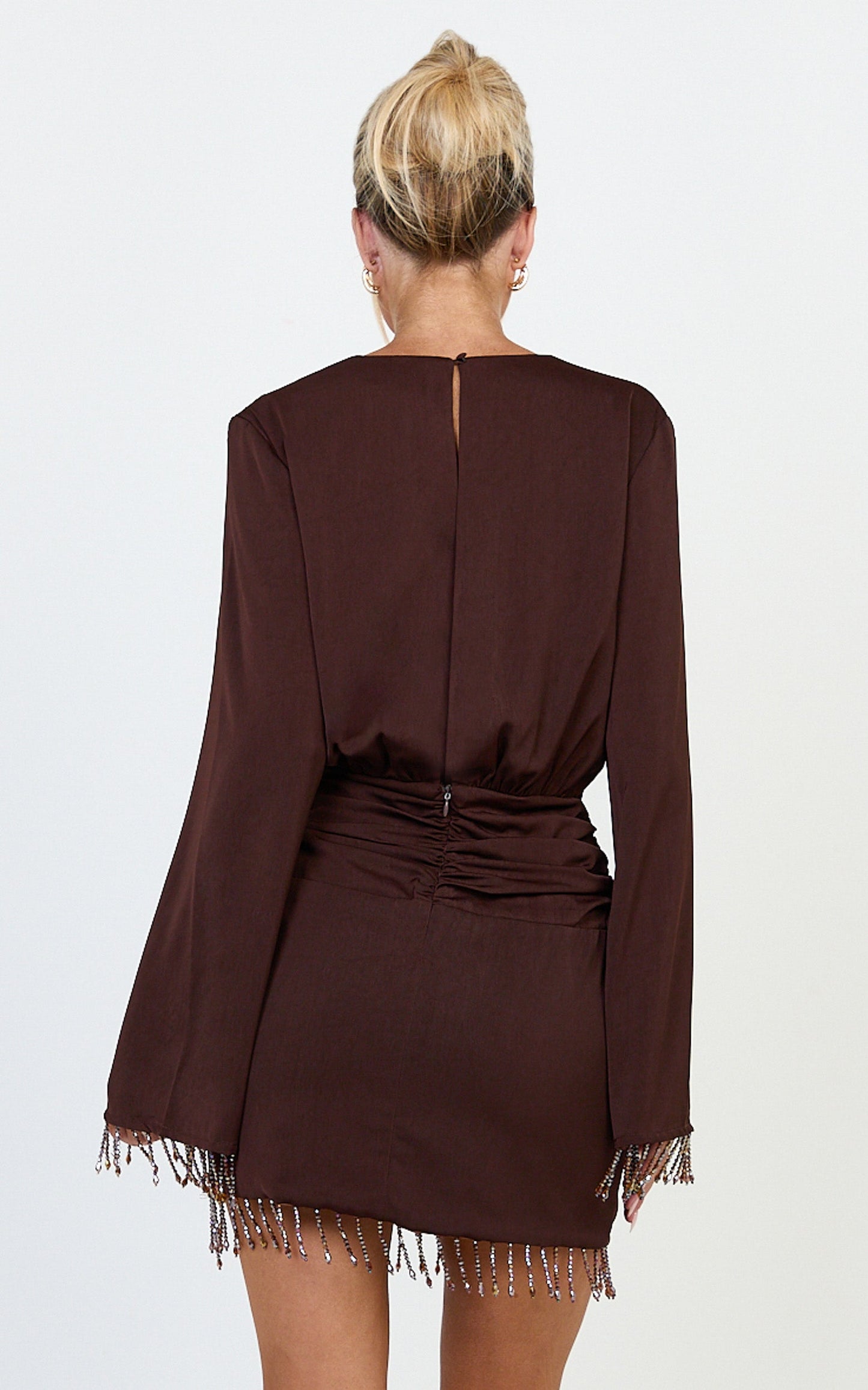 Azura Mini Dress - Long Sleeve Beaded Trim Plunge Neck Dress in Chocolate