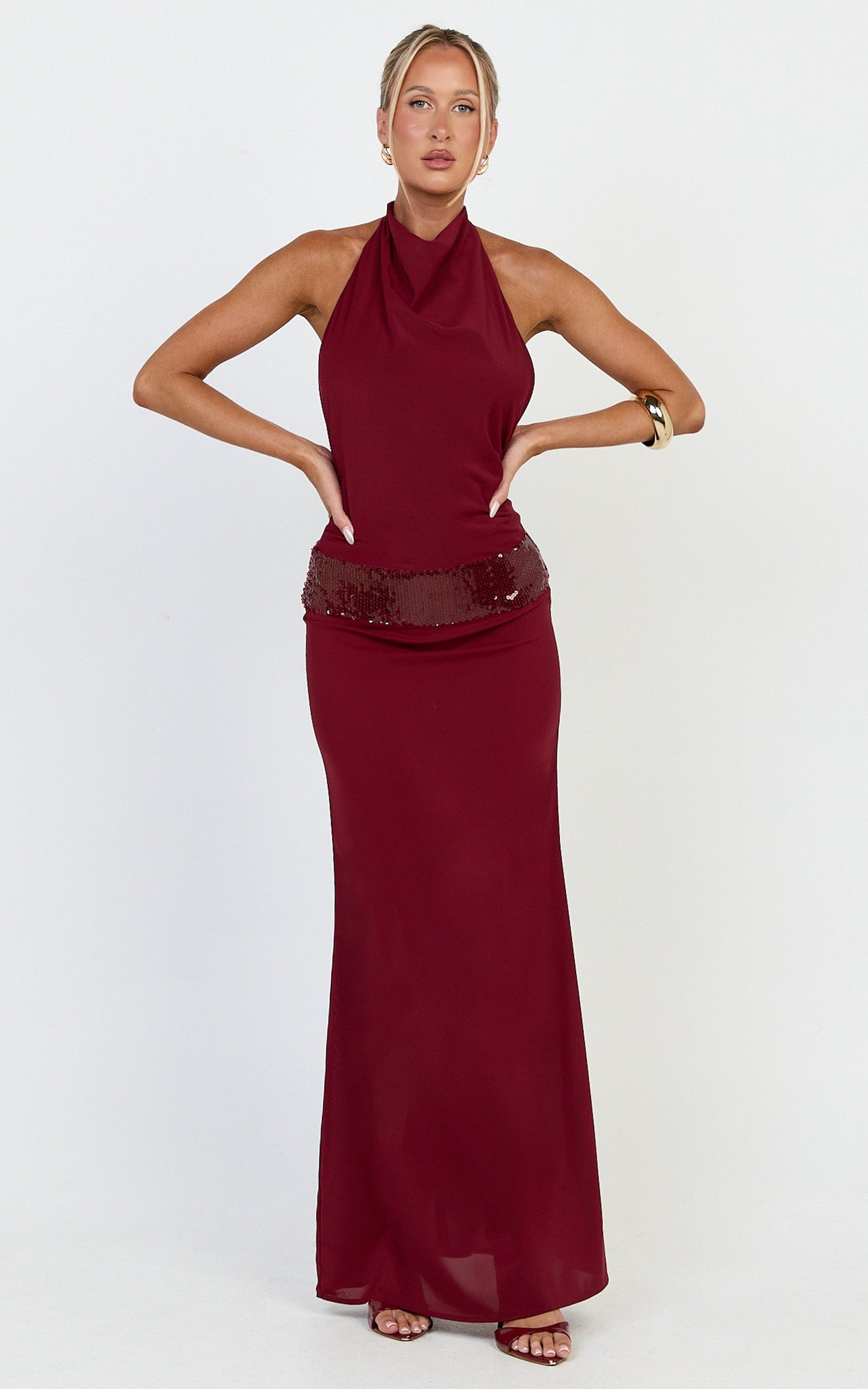 Evianne Maxi Dress - Backless Sequin Drop Waist Halter Dress in Wine