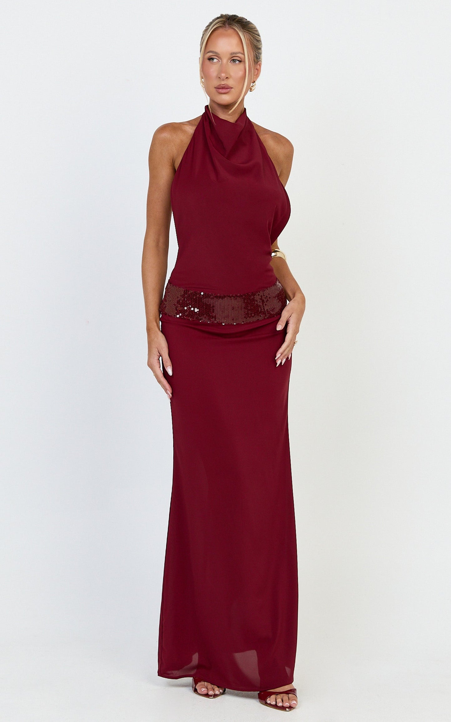 Evianne Maxi Dress - Backless Sequin Drop Waist Halter Dress in Wine