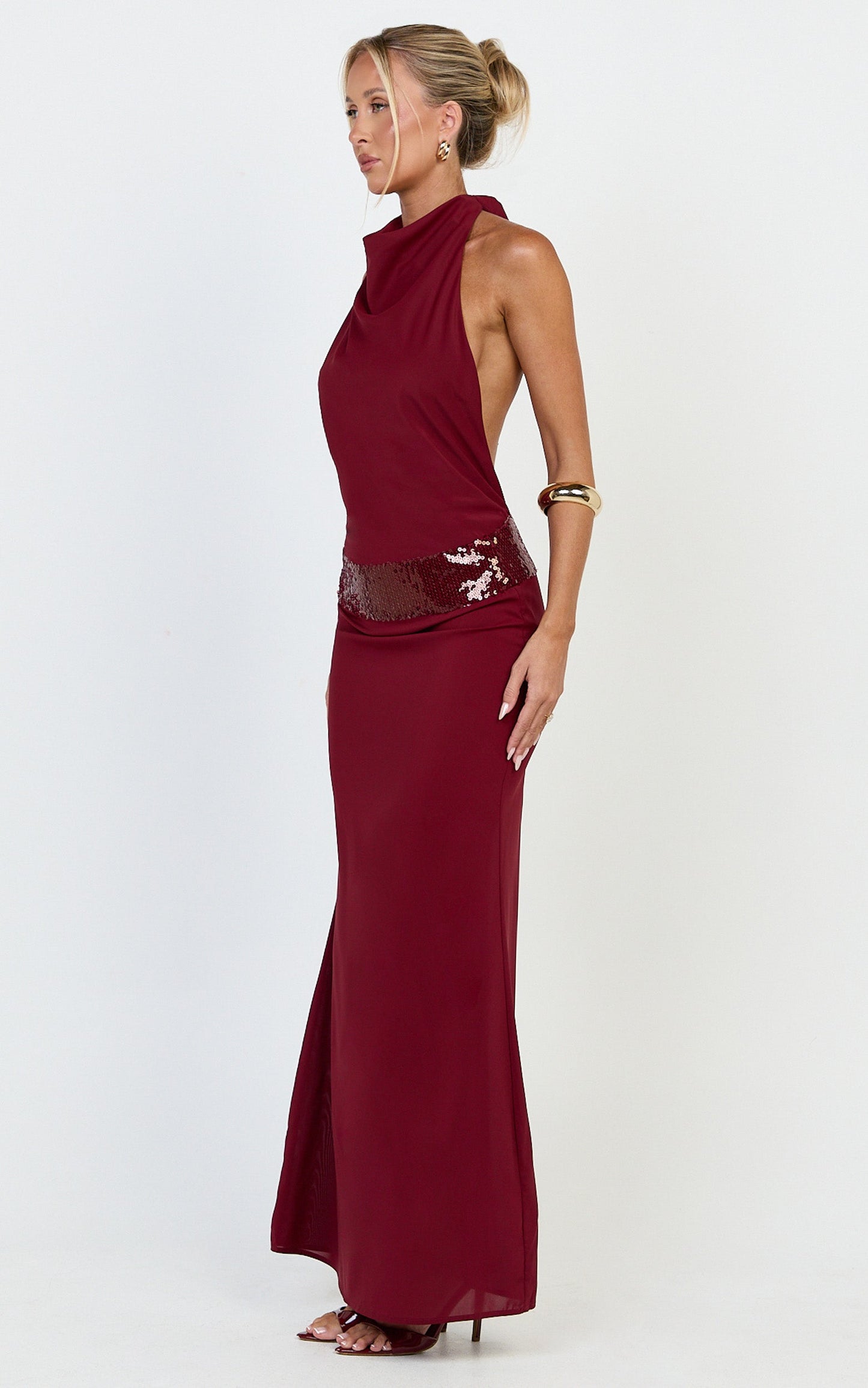 Evianne Maxi Dress - Backless Sequin Drop Waist Halter Dress in Wine
