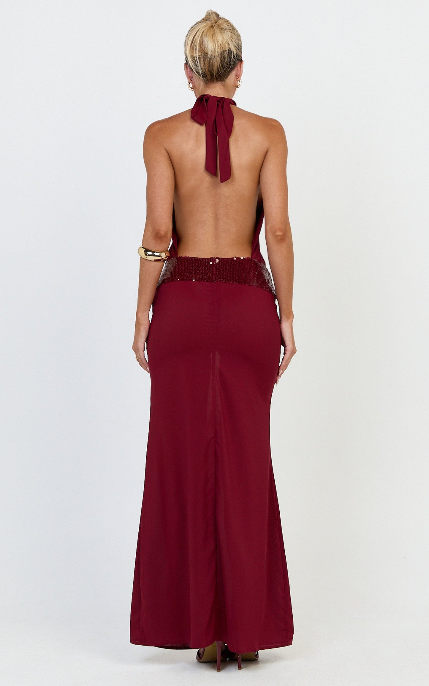 Evianne Maxi Dress - Backless Sequin Drop Waist Halter Dress in Wine