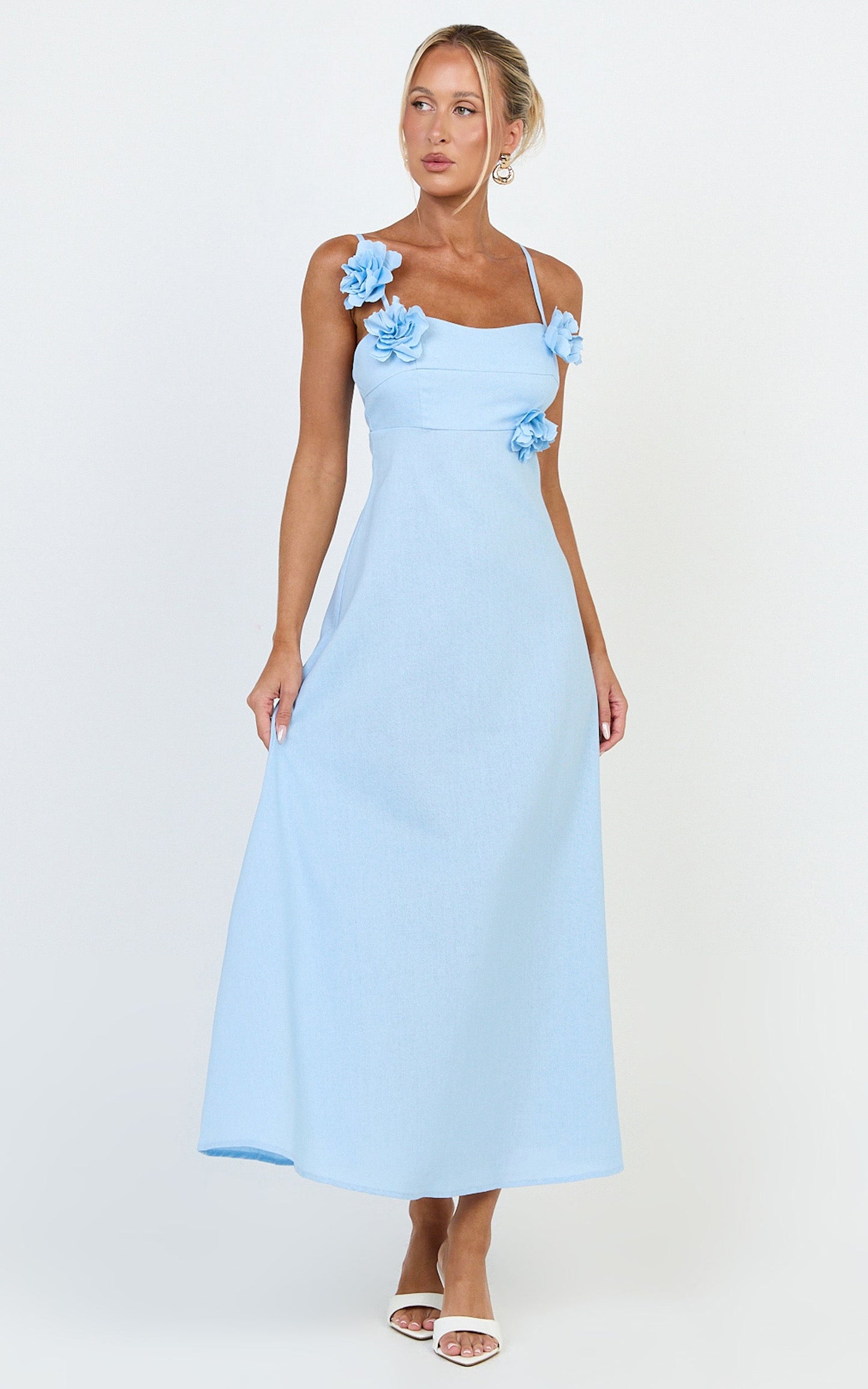 Ondine Midi Dress- 3D Flower Strappy Dress in Blue