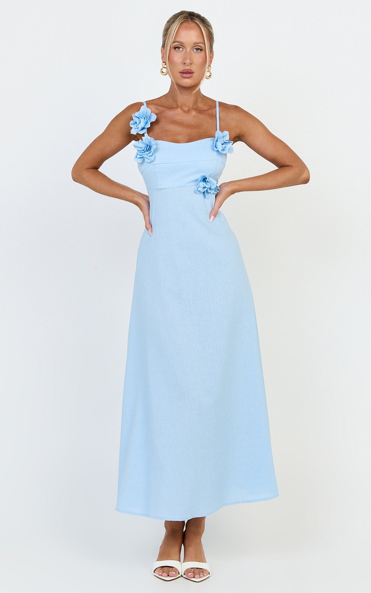 Ondine Midi Dress- 3D Flower Strappy Dress in Blue