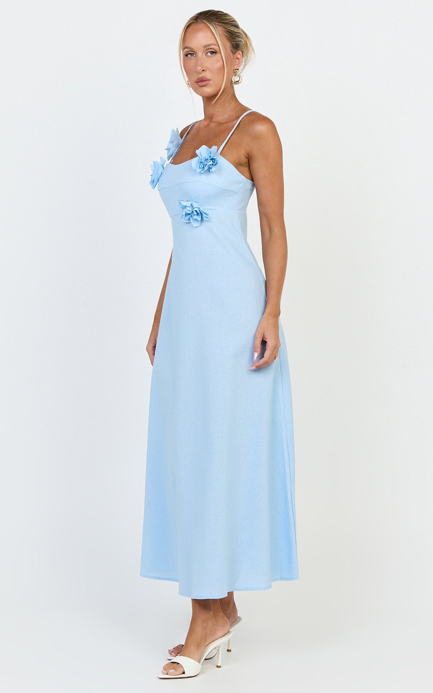 Ondine Midi Dress- 3D Flower Strappy Dress in Blue
