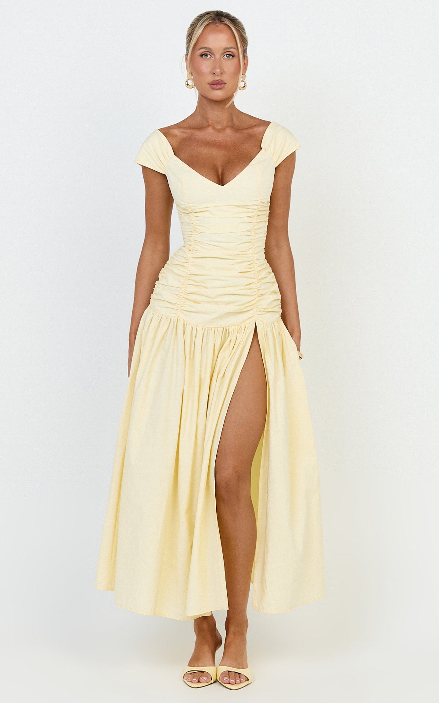 Saphira Maxi Dress - Off Shoulder Plunge Frill Hem Dress in Lemon