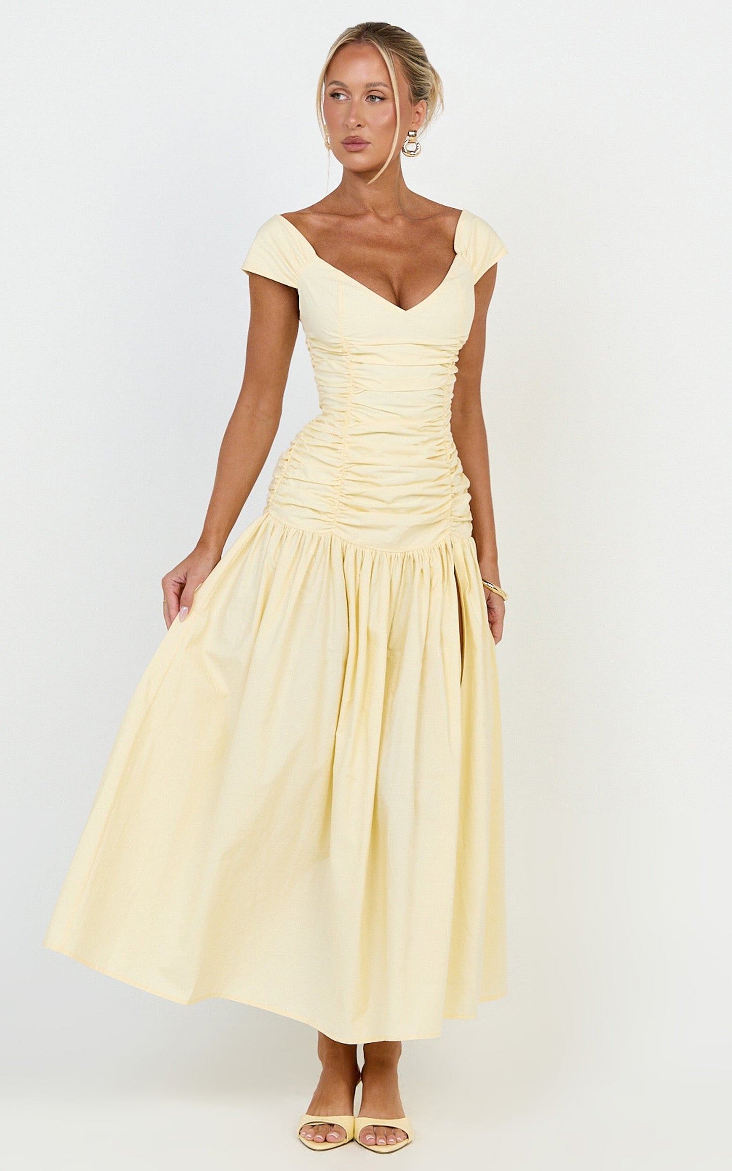 Saphira Maxi Dress - Off Shoulder Plunge Frill Hem Dress in Lemon