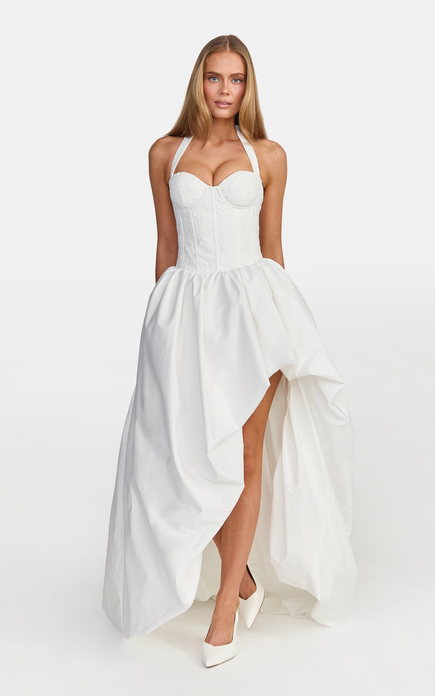 Aurella Maxi Dress - Lace Corset Bodice Asymmetric Bubble Hem Dress in White