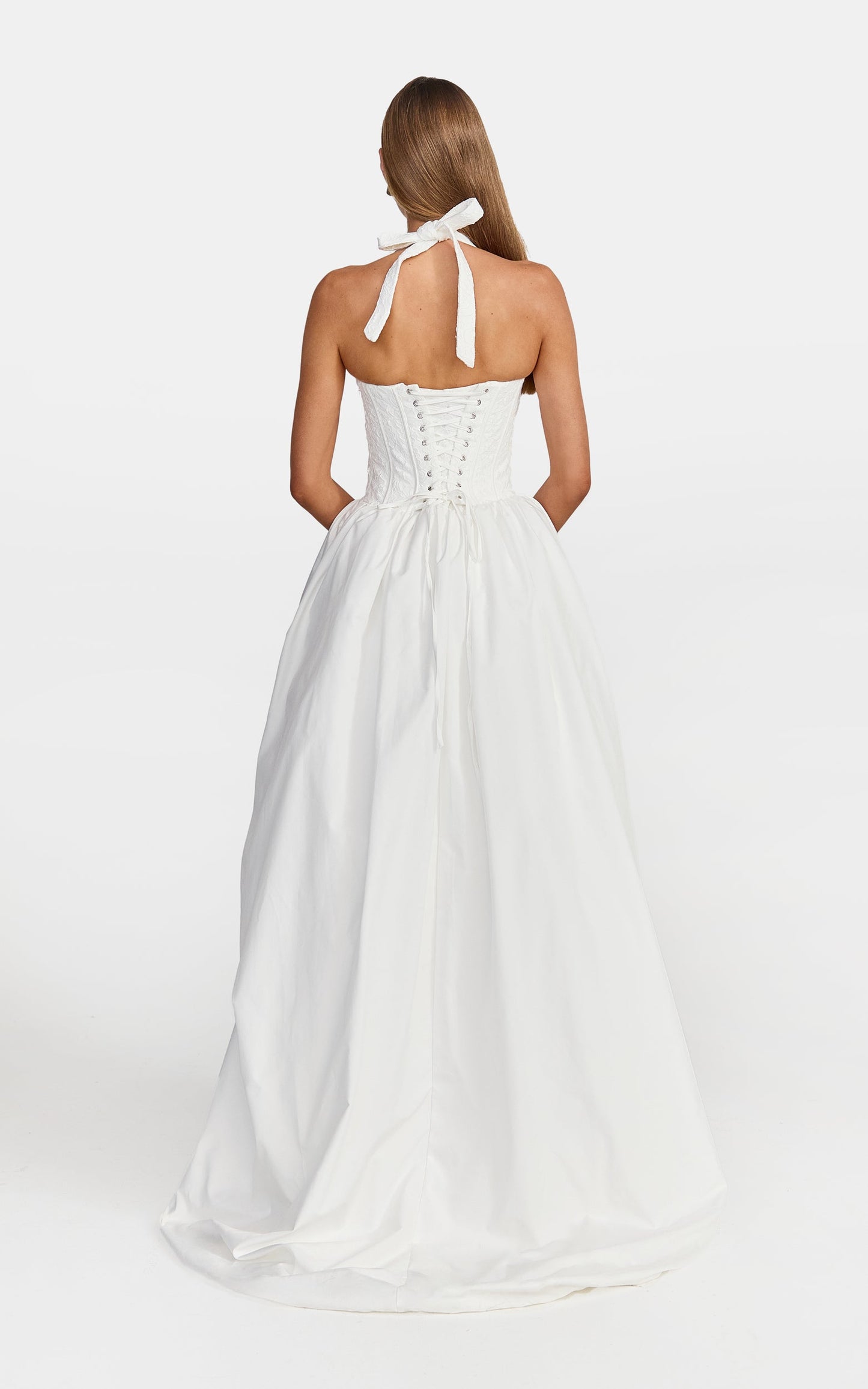 Aurella Maxi Dress - Lace Corset Bodice Asymmetric Bubble Hem Dress in White