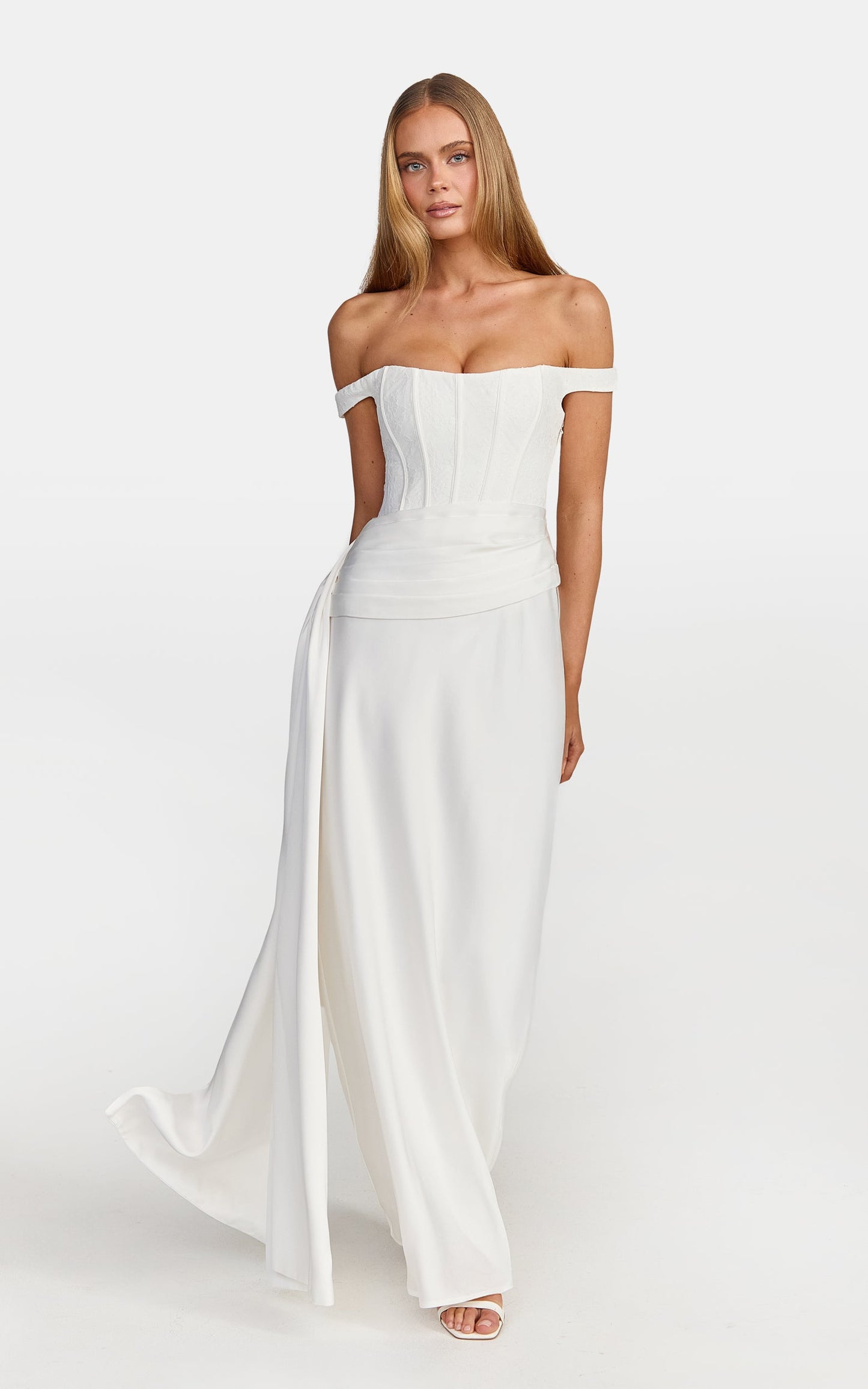 Darcie Maxi Dress - Off Shoulder Corset Draped Skirt Dress in Ivory