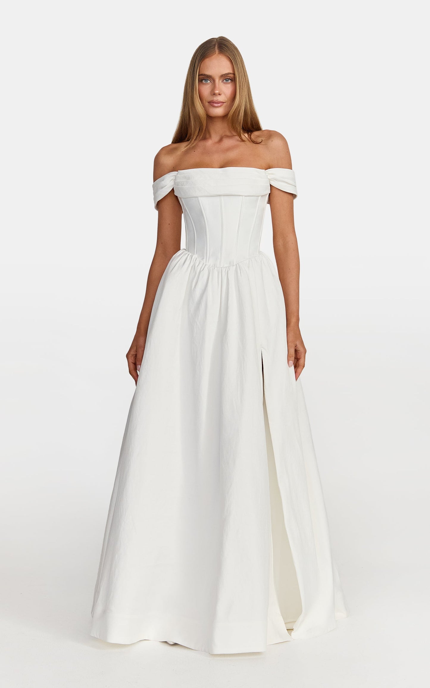 Eden Maxi Dress - Off Shoulder Draped Bust Corset Dress in White