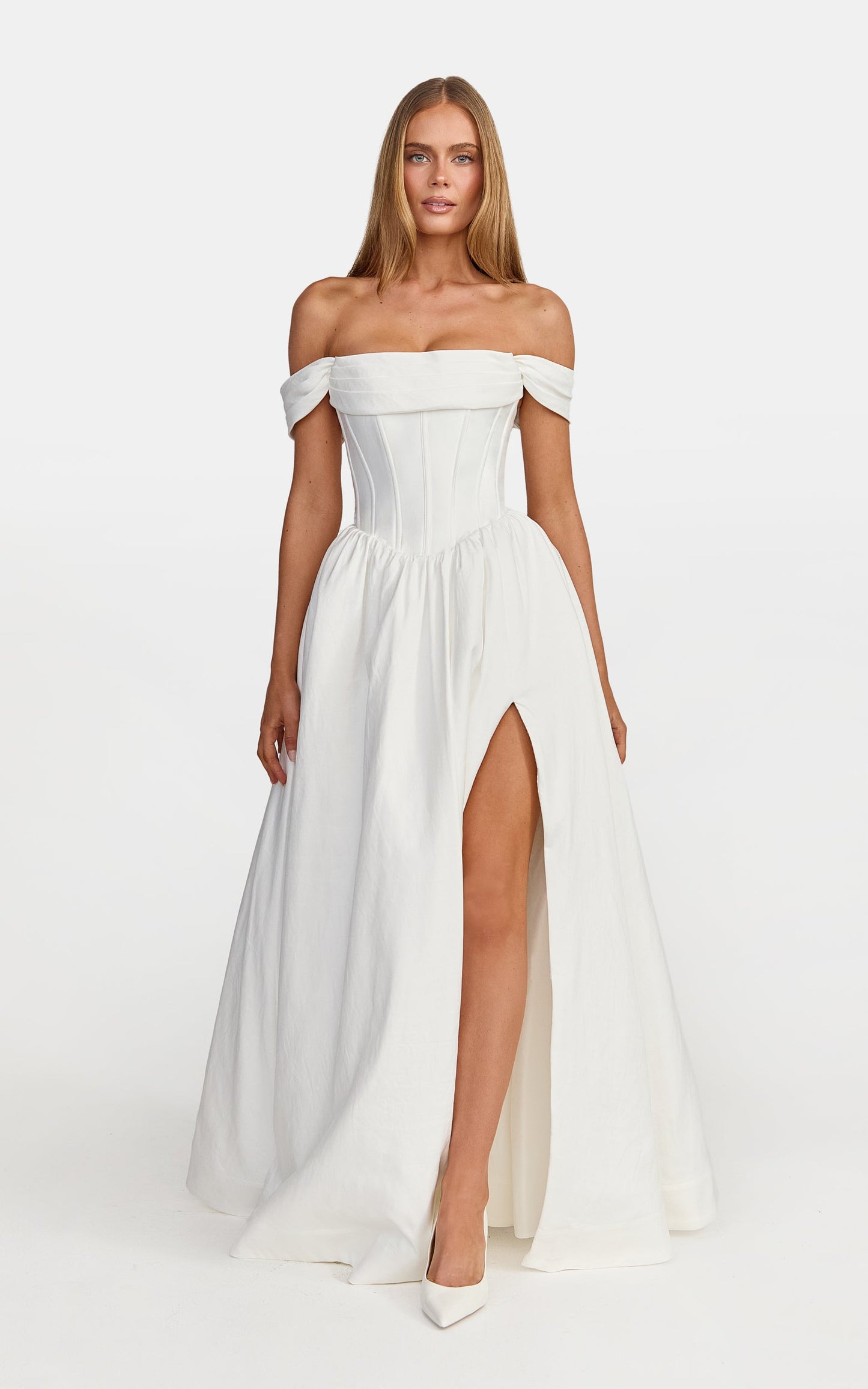 Eden Maxi Dress - Off Shoulder Draped Bust Corset Dress in White