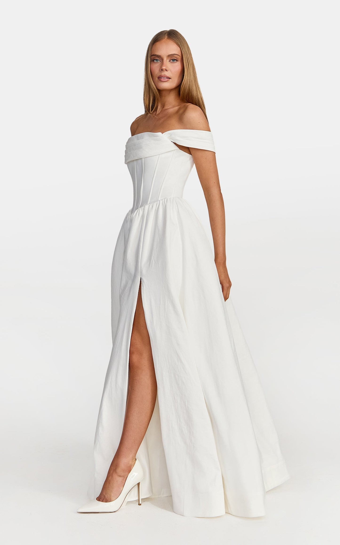 Eden Maxi Dress - Off Shoulder Draped Bust Corset Dress in White