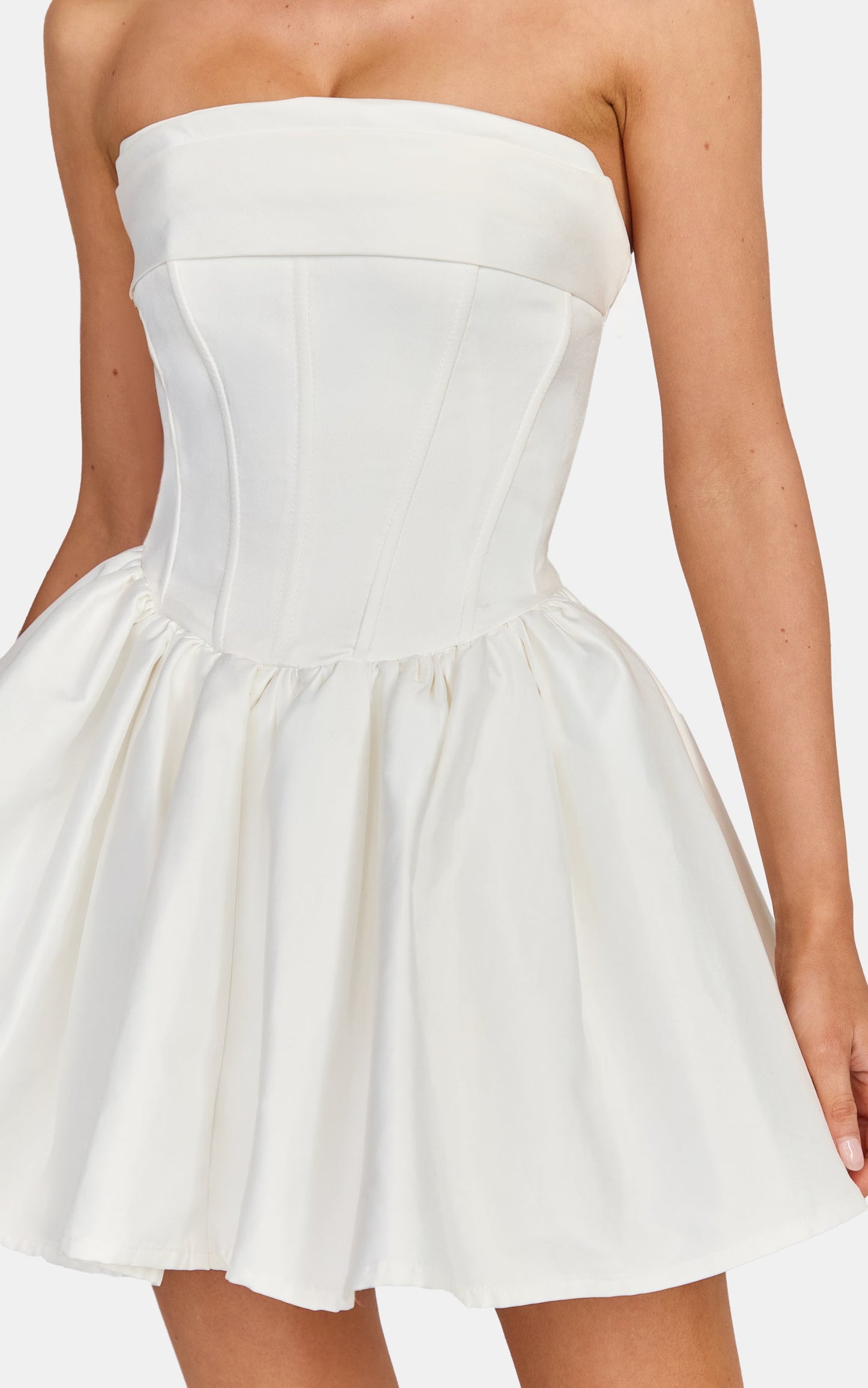 Lana Mini Dress - Ruched Bust Fit And Flare Strapless Corset Bodice Dress With Lace Up Back in White