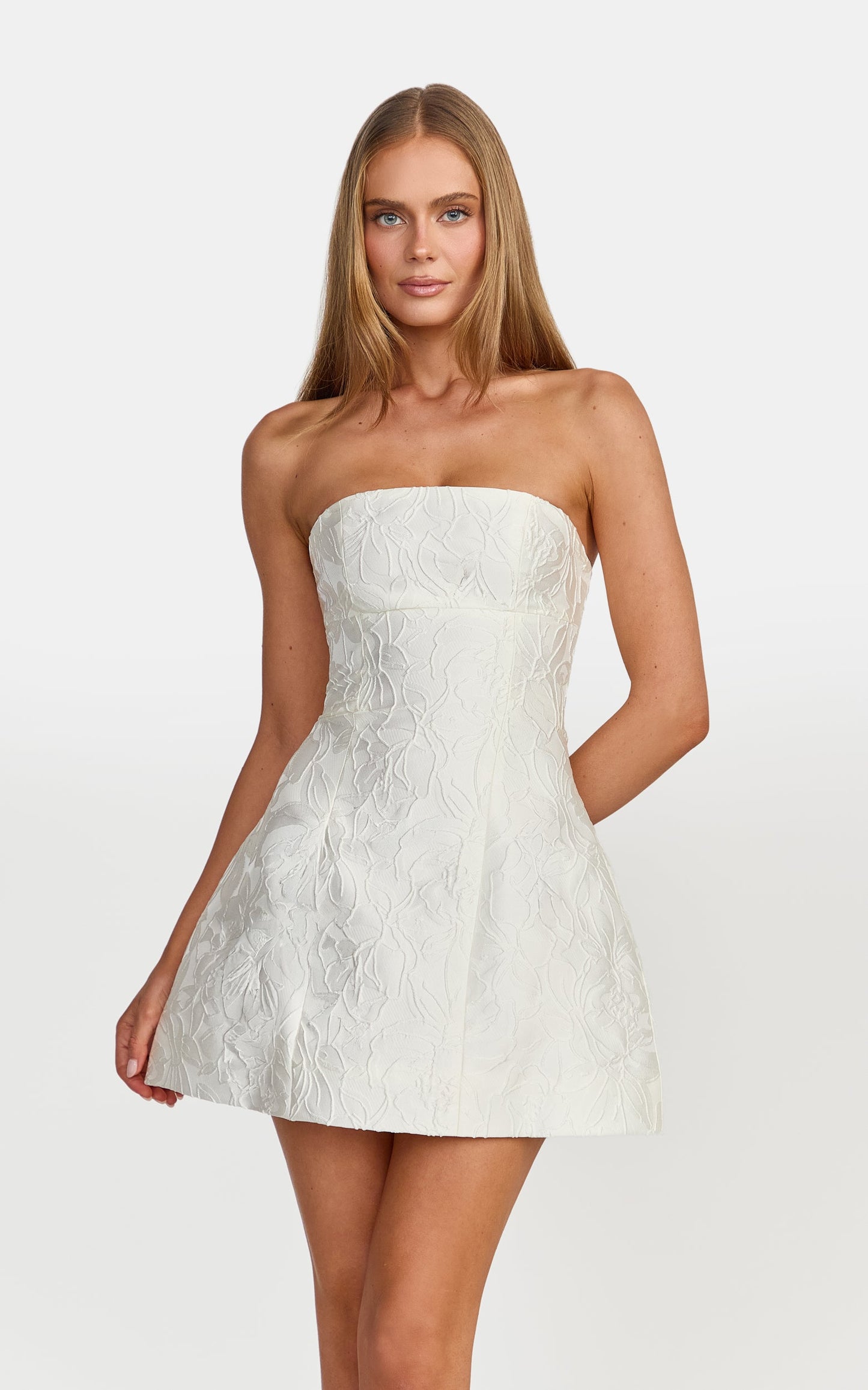 Rosalie Mini Dress - Strapless Jacquard Floral Mini Dress in White