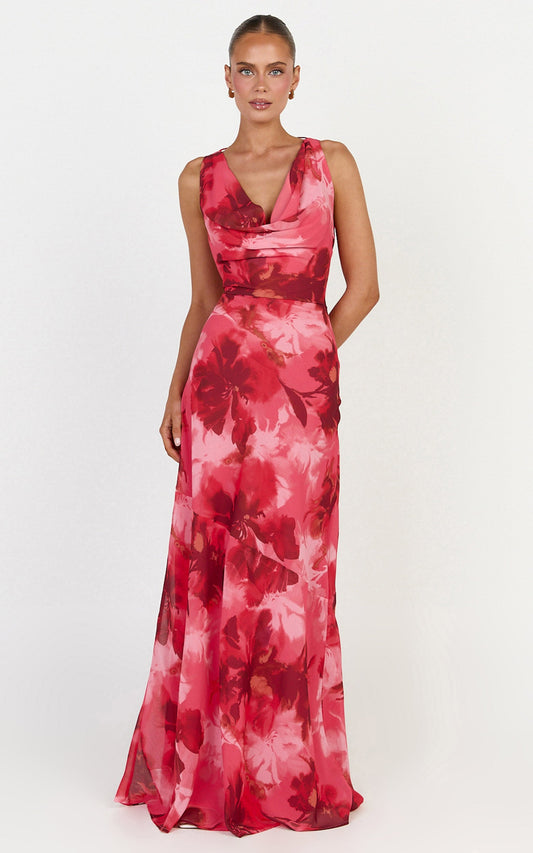 Maila Maxi Dress - Draped Cowl Neckline Dress in Maila Red Floral Print