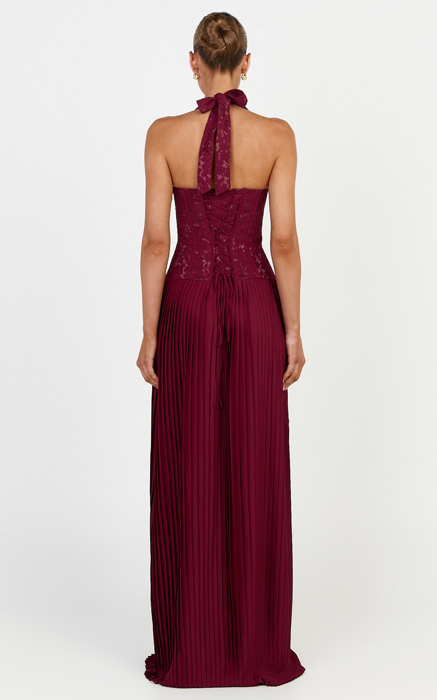 Malia Maxi Dress - Lace Corset Bodice Contrast Pleated Skirt Halter Dress in Wine