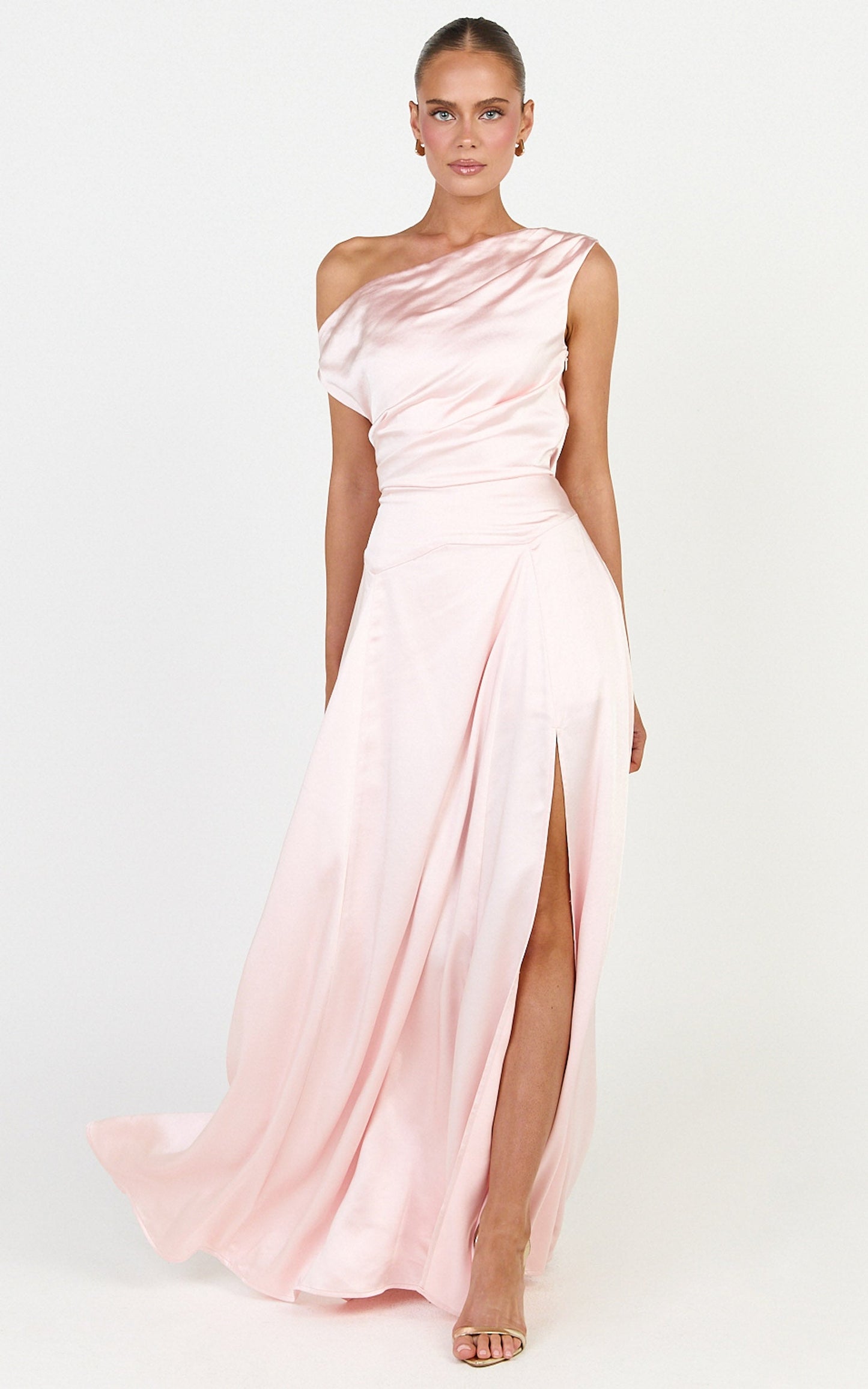 Helena Maxi Dress - Off Shoulder Godet Dress in Light Pink