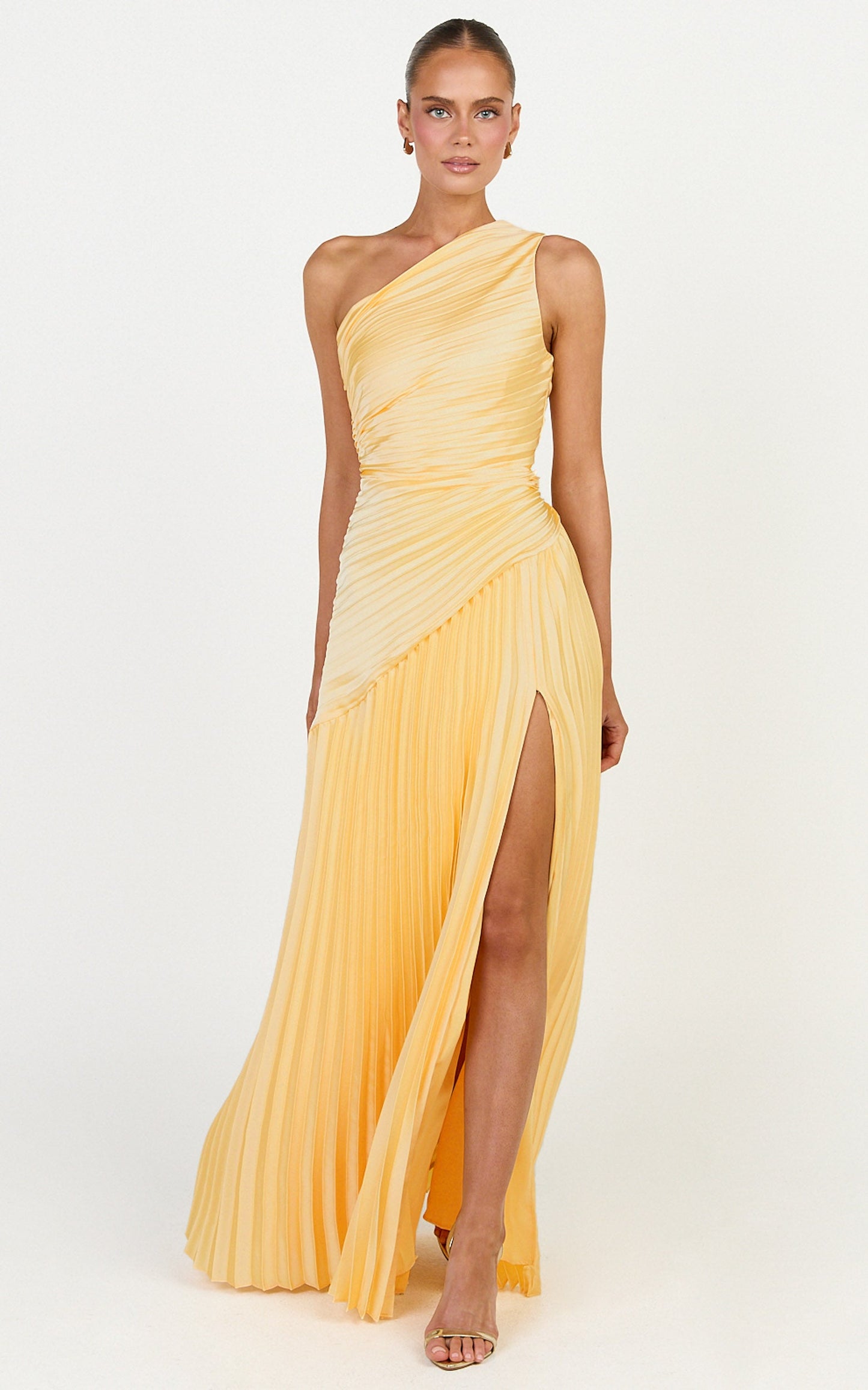 Clarissa Maxi Dress - One Shoulder Pleated Dress in Butter Yellow