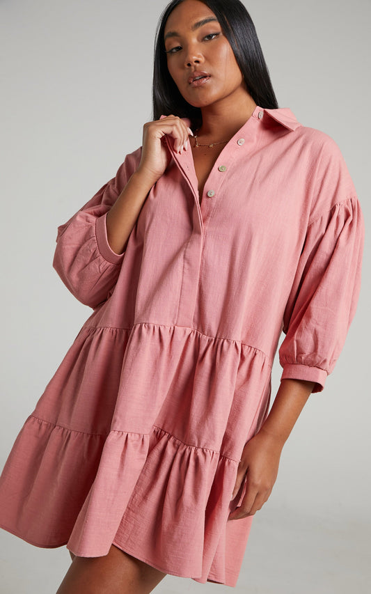 Adriana Mini Dress - Collared Tiered Dress in Dusty Pink