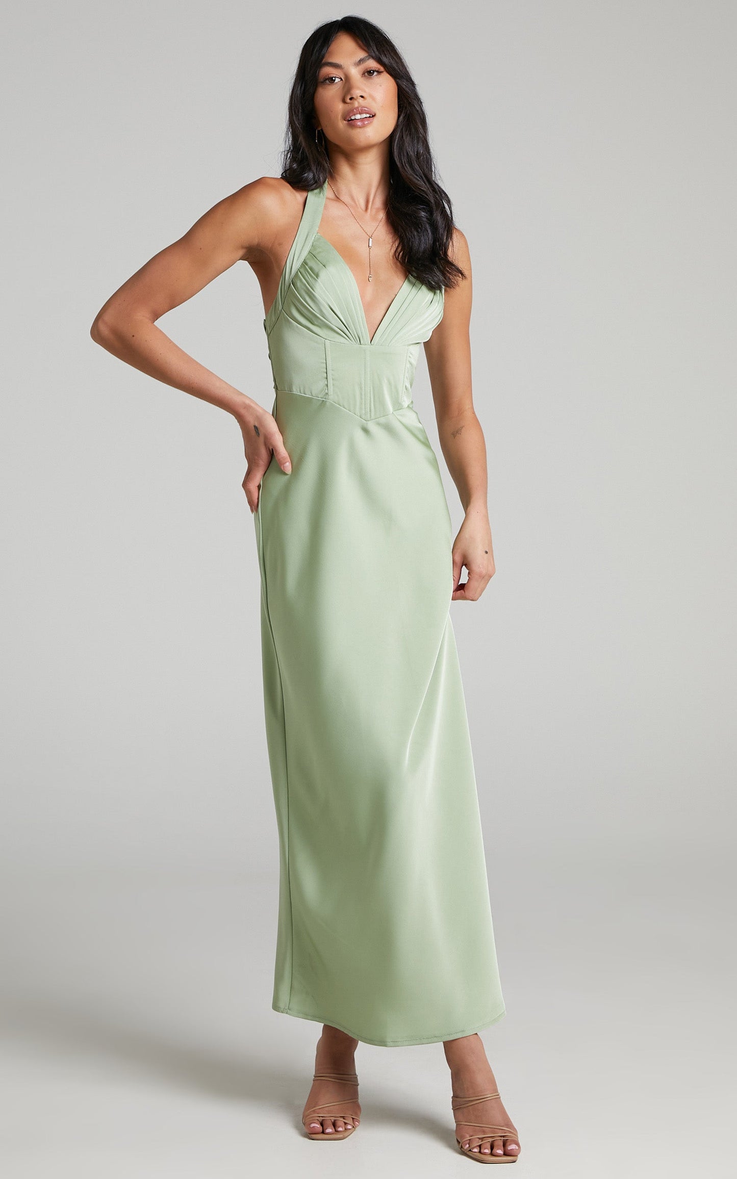 Agnus Halter Neck Tie Up Back Maxi Dress in Sage Satin