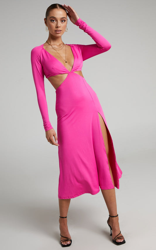 Arleine Front Cut Out Tie Back Long Sleeve Midi Dress in Pink