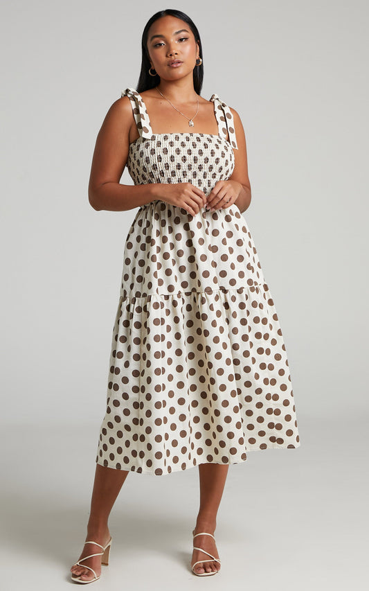 Charine Midi Dress - Linen Shirred Bodice Tiered Dress in Mocha Spot